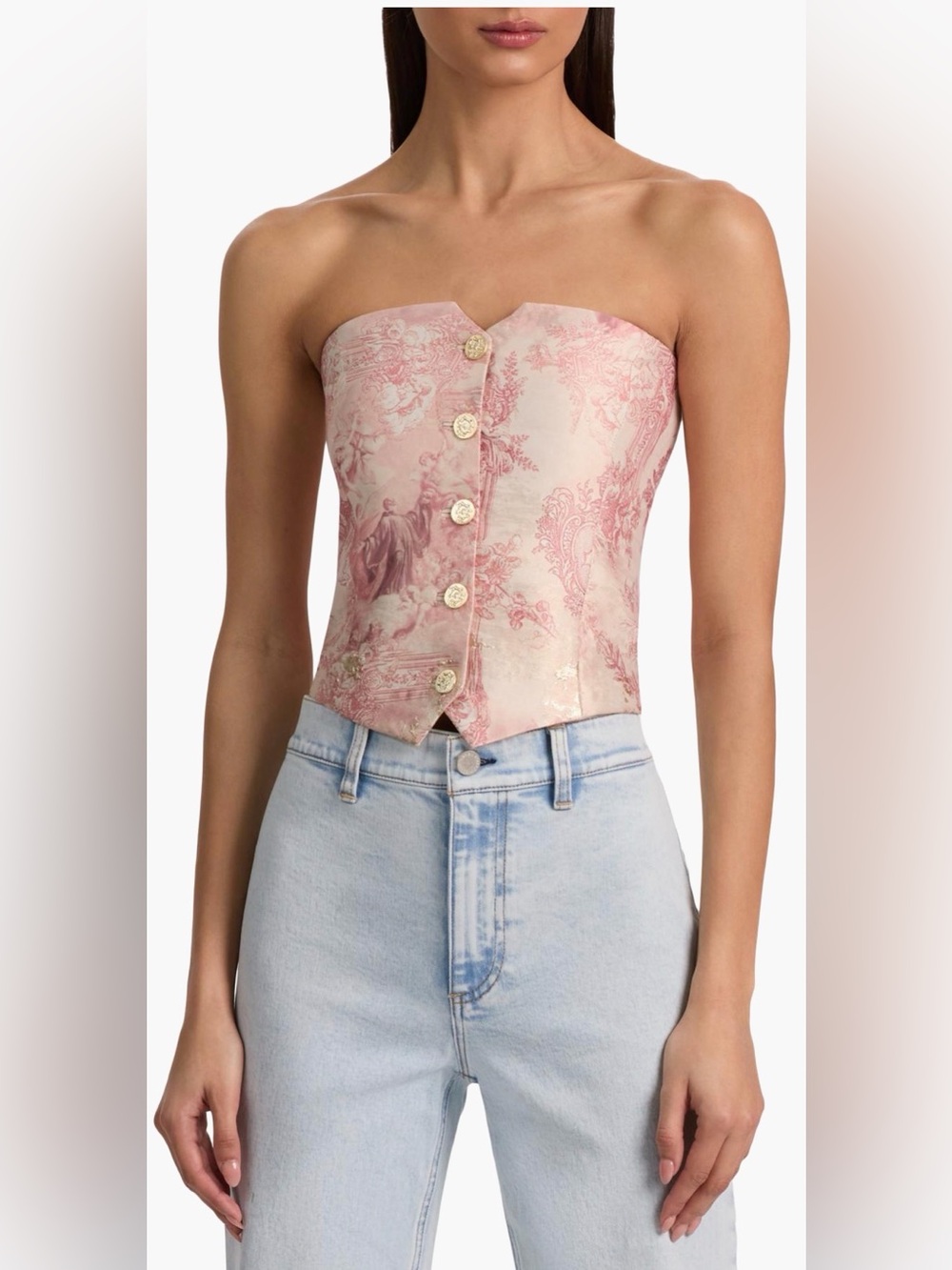 ALICE + OLIVIA Kelcey Strapless Bustier Top in English Rose Toile.